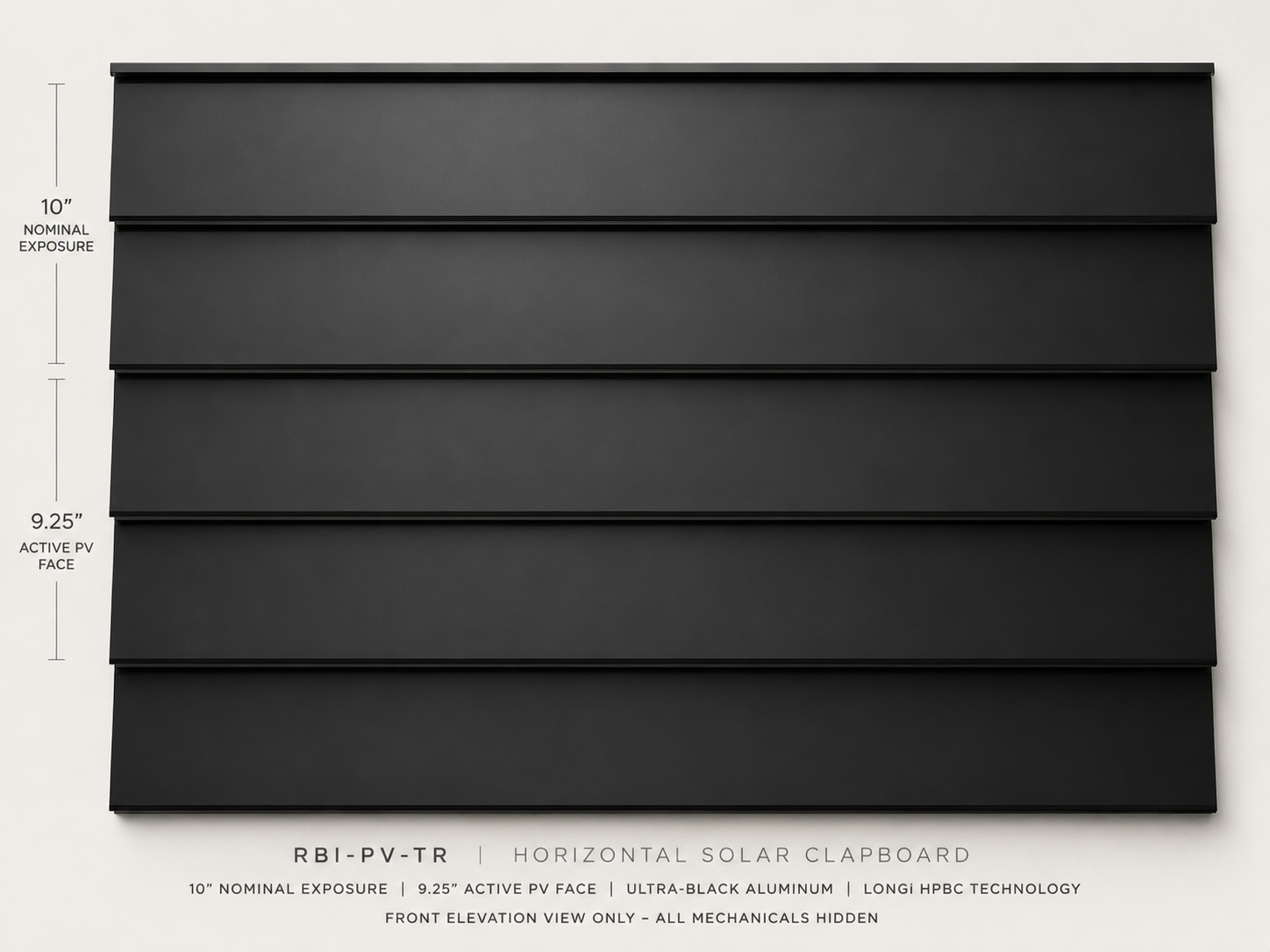 Ultra-black horizontal clapboard Energy Skin courses in a front elevation render — 10 inch nominal exposure and 9.25 inch active PV face aesthetic, overlapping like traditional clapboard.